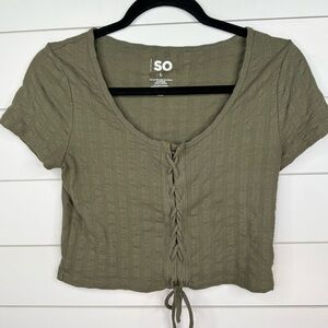 SO Cropped Top Womens Size L Olive Green Ribbed Lace-Up Front Short Sleeve